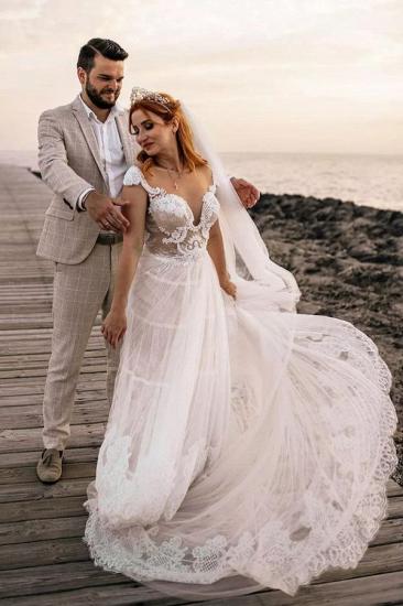 Fashionable V-neck A-line lace long wedding dress | Bohemian style wedding dress