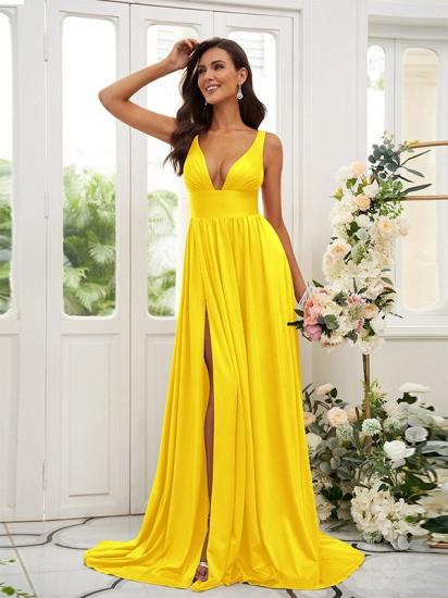Cheap Gold Long V-Neck A-line Bridesmaid Dresses_18