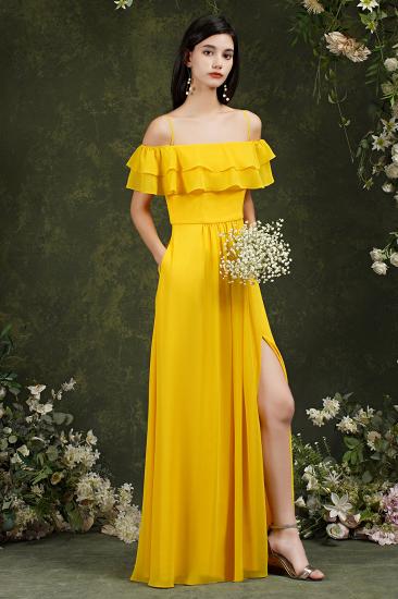 Bridesmaid Dress Yellow Off-shoulder Flanged One Line Shoulder Slit Dress_4