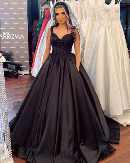 Beautiful black wide shoulder strap A-line mopping wedding dress | princess wedding dress with lace_2