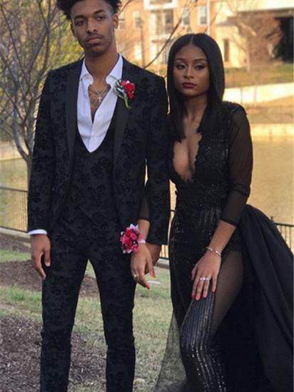 New Black Jacquard Three-Piece Slim Prom Menswear | Black Groomsmen Suit