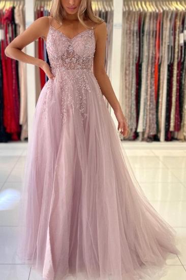 Pink Spaghetti Strap V-neck Tulle Long Slit Evening Dress With Beading