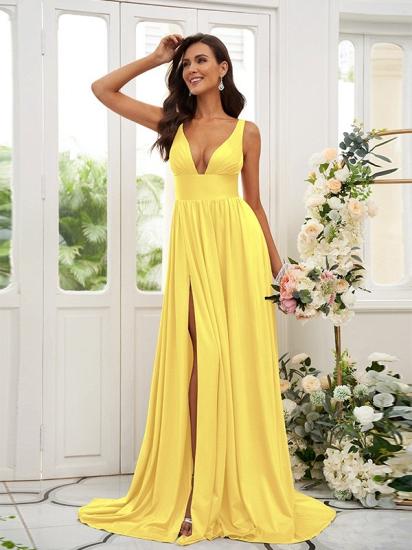 Cheap Gold Long V-Neck A-line Bridesmaid Dresses_10