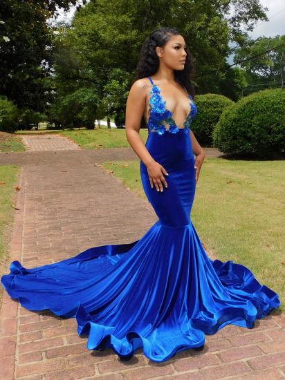 Sexy Blue V-Neck Spaghetti Strap Ball Gown with Flowers | Mermaid Ball Dress_3