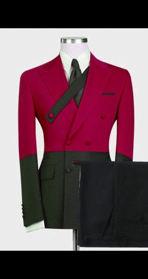 Men's Fashion Double Breasted Peak Collar Suit | Burgundy and Black Colorblock Men's Prom Suit