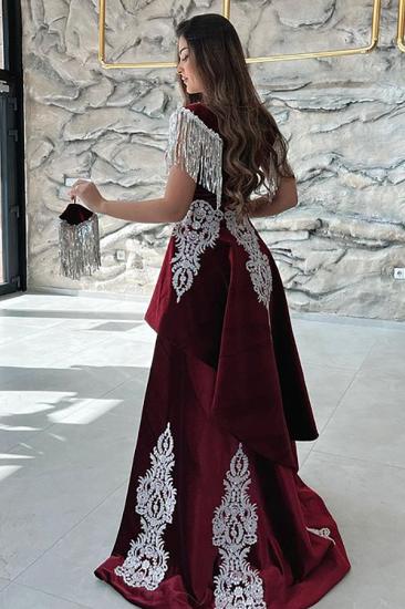 Velvet Burgundy Lace Long Shoulder Strap Tasse l Evening Gown_4