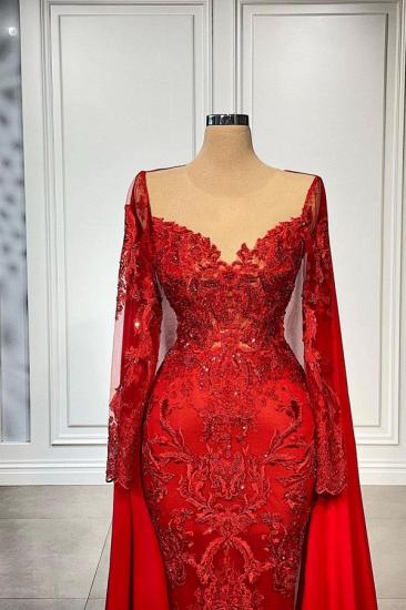 Modern Red Long Sleeve Mermaid Lace Evening Gown | Cheap Homecoming Lace Dress_2