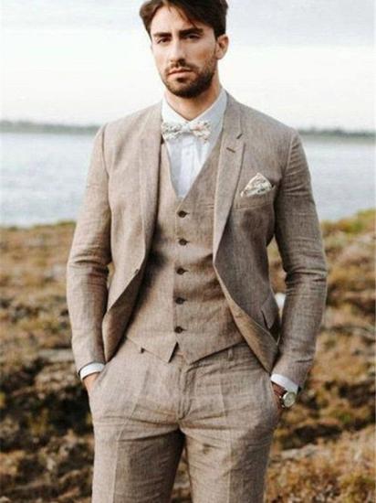 Classic Summer Khaki Linen Beach Men's Suit | {{$GlobalData.Year}} Wedding Tuxedo 3-Piece Set