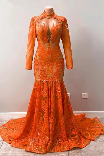Stunning Orange Turtleneck Long Sleeve Mermaid Ball Gown | Long Sleeve Floor Sweeping Evening Gown_3