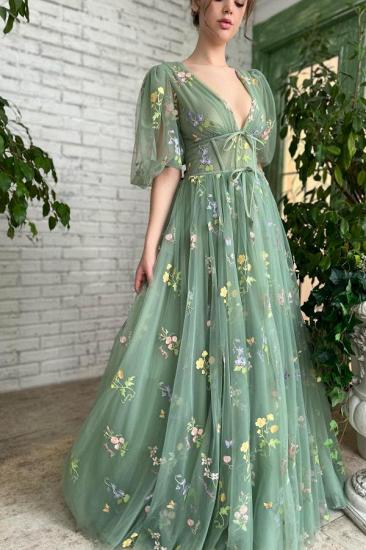 Ankle-Length V-Neck Long Sleeves A-line Evening Dresses_2