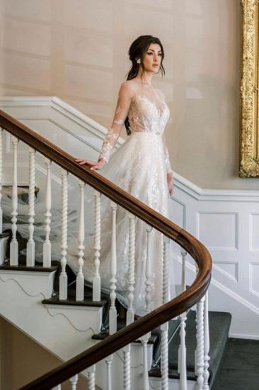 Elegant bohemian A-line long-sleeved lace wedding dress | A-line lace wedding dress