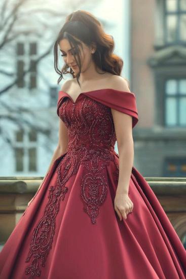 Burgundy Off-shoulder Satin Lace Wedding Dress_3