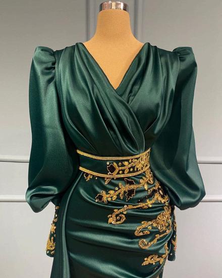 Dark Green Puff Sleeve V Neck Long Prom Dress | Cheap Evening Dresses_2