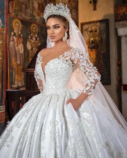 A-line White Satin Lace Wedding Dress With Sleeves_4