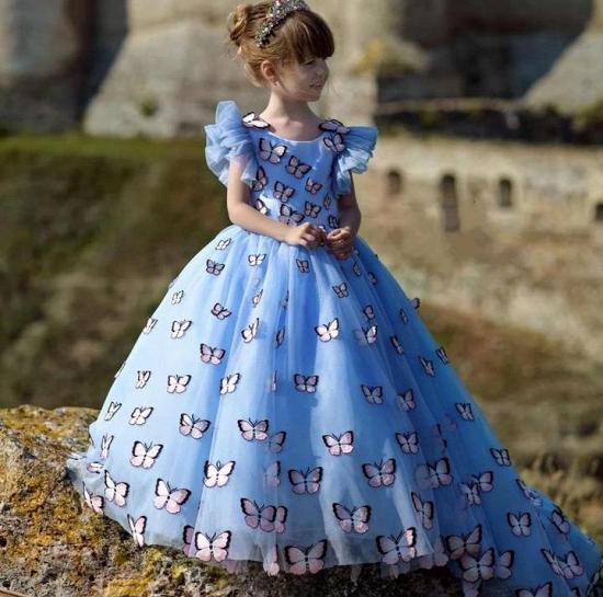 Chic Ruffled Cuff Fluffy Girl Dress With Manual Butterfly | Girl Beauty Pageant Dress