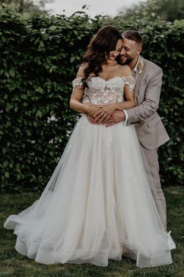 Simple Off the Shoulder  A-line Lace Tulle Wedding Dress