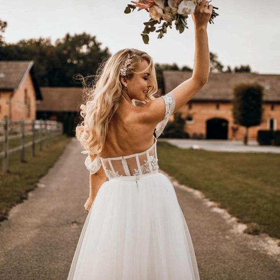 Simple A-line card shoulder lace and tulle wedding dress_2