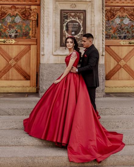 Red A-line Cap Sleeve Floor Lace Wedding Dress with Beads_3