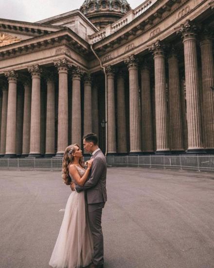 Bohemian Side Slit Long V Neck Tulle Wedding Dress | High Waist Lace Wedding Dress_4