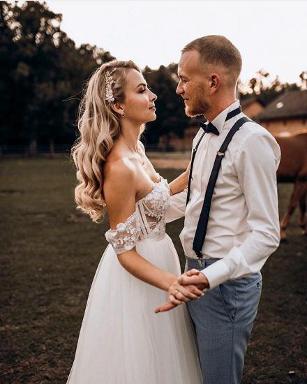 Simple A-line card shoulder lace and tulle wedding dress_5