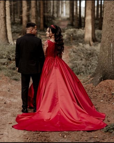 Red A-line Cap Sleeve Floor Lace Wedding Dress with Beads_2