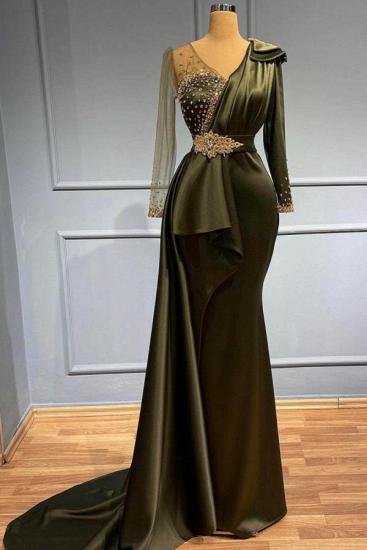 Modern Olive Long Sleeve Sequined Evening Gown | Chic Mermaid Ball Gown