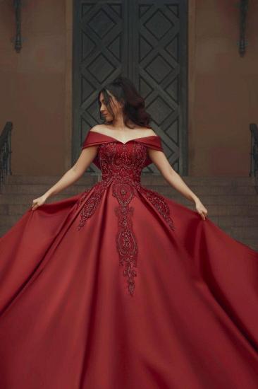 Burgundy Off-shoulder Satin Lace Wedding Dress_4