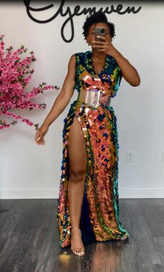 Shiny Sleeveless V-neck Side Slit Formal Party Dress