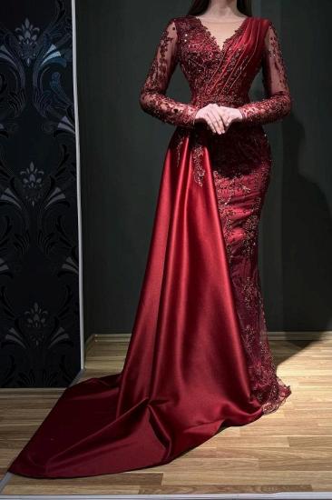 Designer Long Burgundy Sleeved Evening Gown | Lace Ball Gown