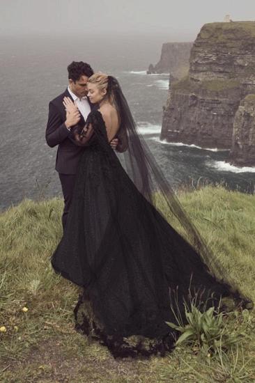 Lace  V-Neck  A-line Black  Wedding Dresses With Sleeves_2