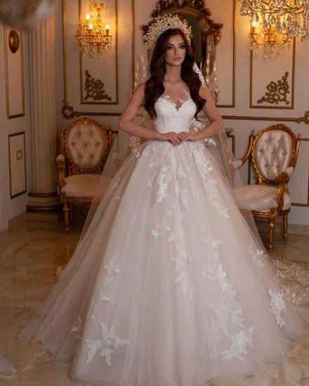 Romantic A-Line Heart Neck and Floor V Neck Lace Wedding Dress_2