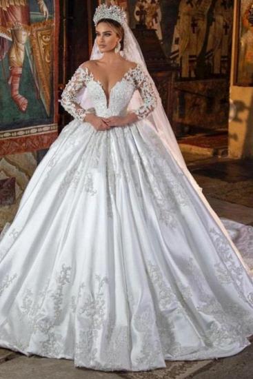 A-line White Satin Lace Wedding Dress With Sleeves