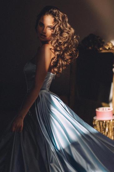Cheap Blue A-Line Tubeless Evening Gown | Satin Bandeau Evening Gown_3