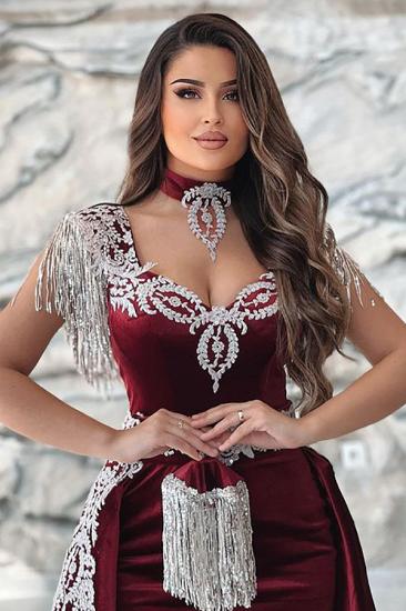 Velvet Burgundy Lace Long Shoulder Strap Tasse l Evening Gown_3
