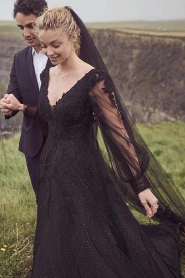 Lace  V-Neck  A-line Black  Wedding Dresses With Sleeves