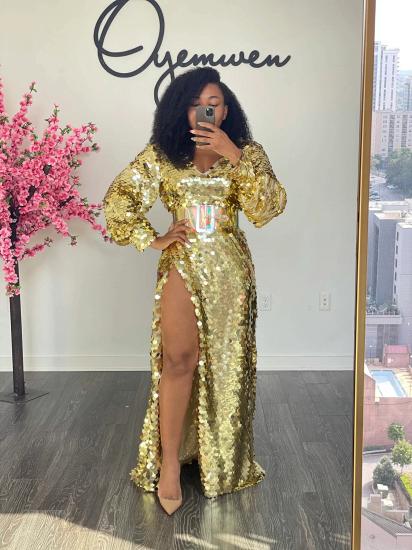 Sexy sequins high split long-sleeved party gown | sparkle ball gown_10