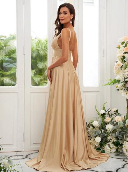 Cheap Gold Long V-Neck A-line Bridesmaid Dresses_4