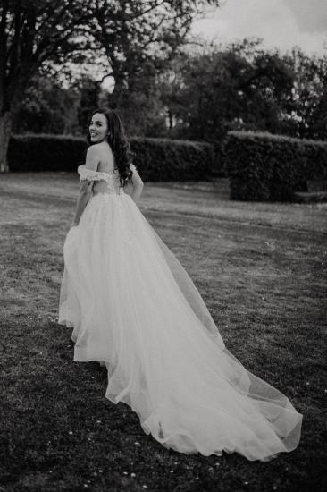 Simple Off the Shoulder  A-line Lace Tulle Wedding Dress_4