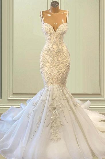 Elegant Mermaid Lace Spaghetti Strap Glitter Wedding Dress | Heart Shape Neckline Lace Wedding Dress