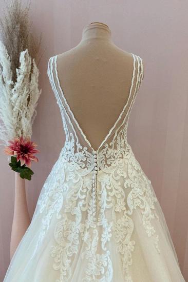 Simple V-neck tulle wedding dress with wide shoulder straps | A-line lace wedding dress_3