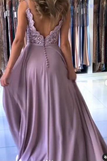 Sweetheart Neck Spaghetti Strap Slit Front A-Line Lace Long Ball Gown_3