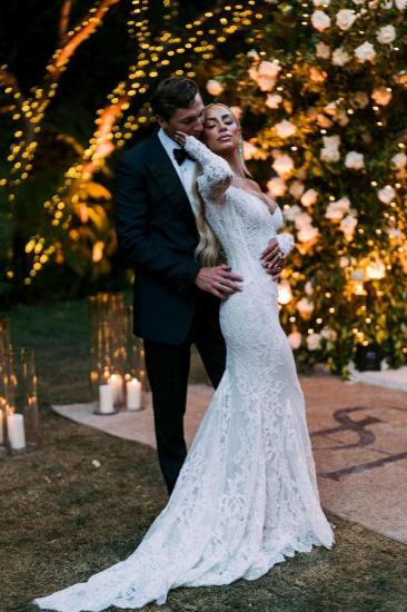 Elegant White Off-Shoulder Mermaid Floral Lace Wedding Dress with Long Sleeves_2