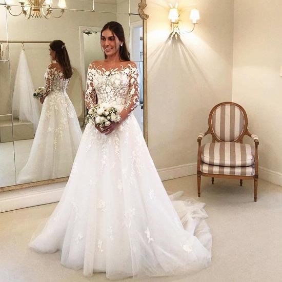 Cheap Off-the-shoulder Long Sleeve Floor-length Lace Wedding Dress_2