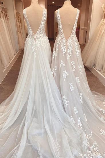 Lace V-neck wedding dress with wide shoulder straps | simple tulle wedding dress_3