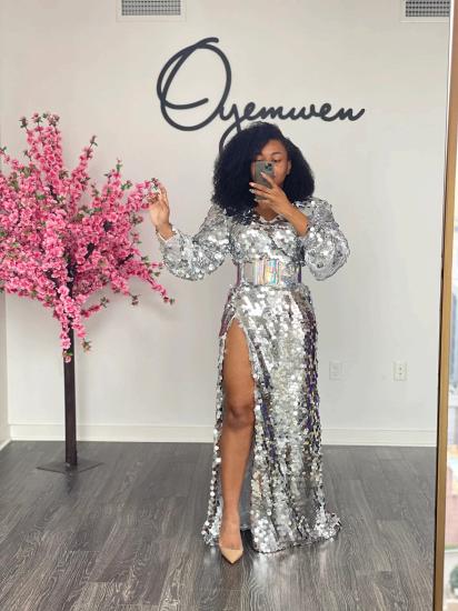 Sexy sequins high split long-sleeved party gown | sparkle ball gown_8