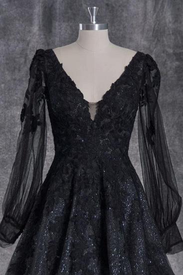 Lace  V-Neck  A-line Black  Wedding Dresses With Sleeves_3