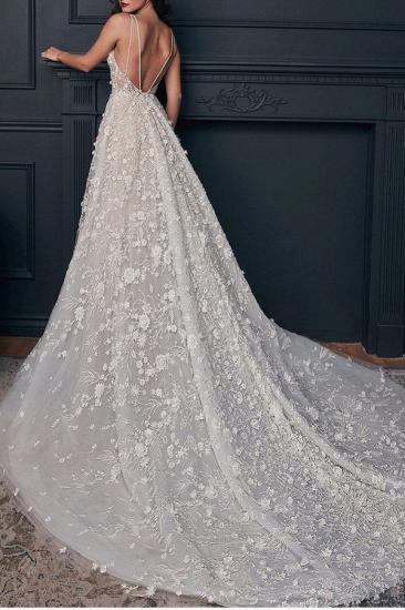 Romantic Lace A-Line Spaghetti Strap Long Wedding Dress with flowers_2