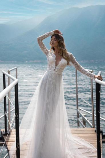 Bohemian Style Lace V Neck Long Sleeve Wedding Dress | Simple Lace Wedding Dress