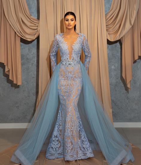 Luxurious Blue V-Neck Long Sleeve Lace Evening Gown | Homecoming Dress with Lace Sleeves_2