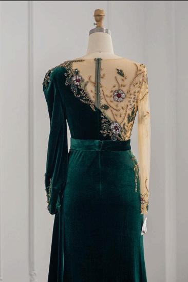 Dark Green Long Sleeve Jewel Appliqu茅d Mermaid Evening Gown Prom Dress_4